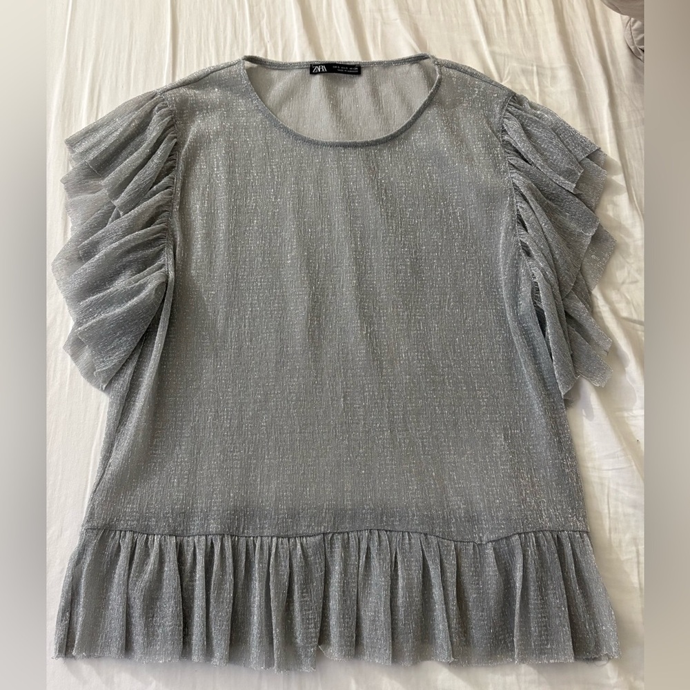 Zara Metallic Gray Ruffle Sleeve Blouse